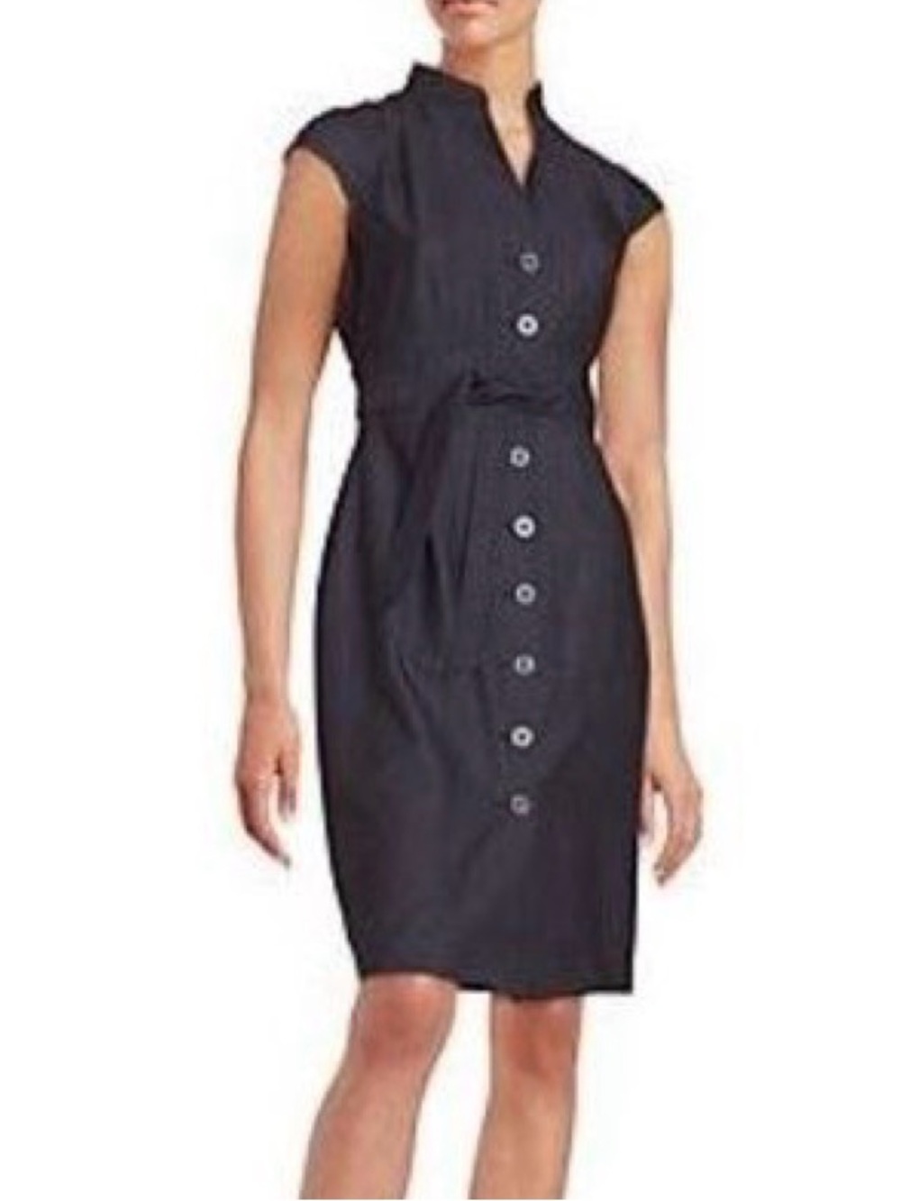 Calvin Klein Dark Gray Cap-Sleeve Button-Front Sheath Dress Tie Waist - Small - Picture 2 of 6
